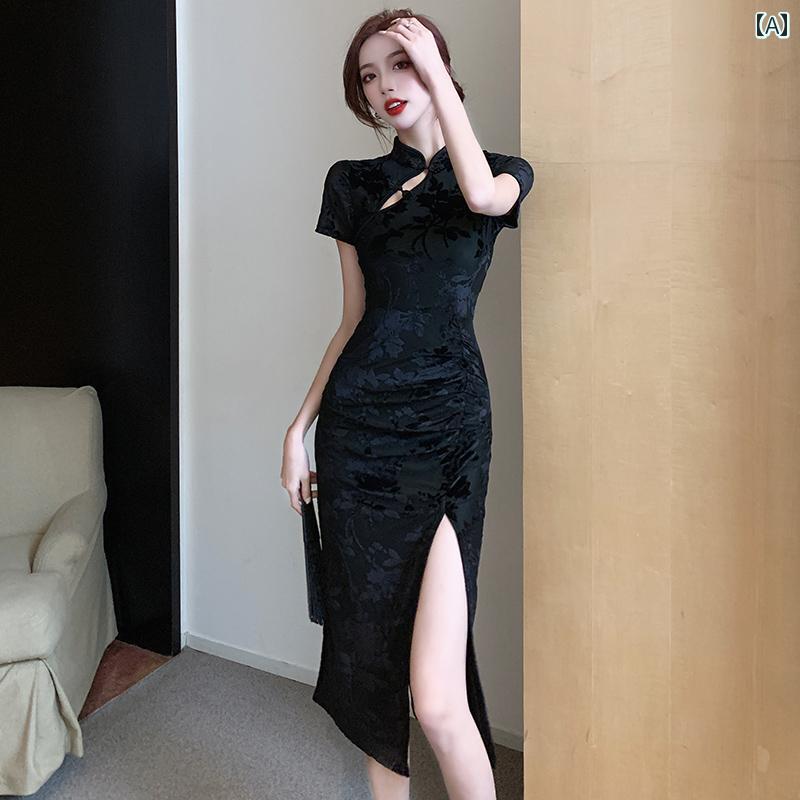 チャイナドレス レディース 半袖 チャイナ風 ドレス セクシー タイト スタイリッシュ かわいい イベント パーティー お祝い ディナー キャバ キャバ 夜 デート アップ 映え