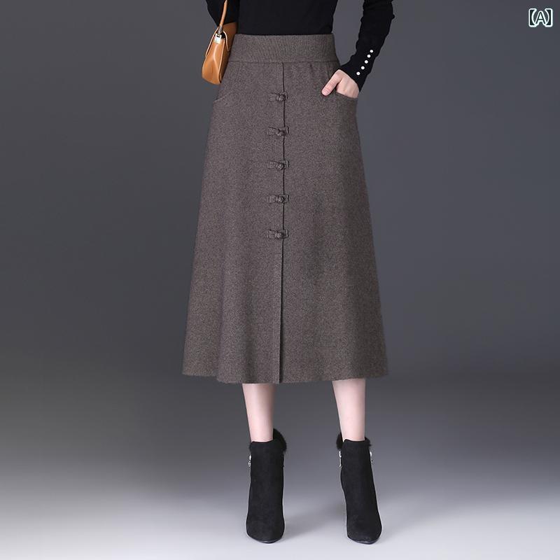 スカート レディース 大人 ハイウエスト ミモレ シック ニット スリム見え Aライン 丈 シングルブレスト きれいめ