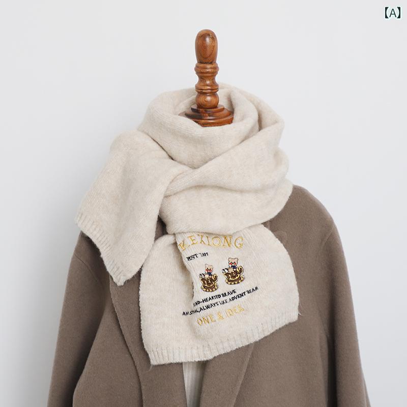 ウール 韓国 秋冬 マフラー カレッジ レトロ 刺繍 保温 グラスベア ニットスカーフ 暖かい 厚手 学生 ..