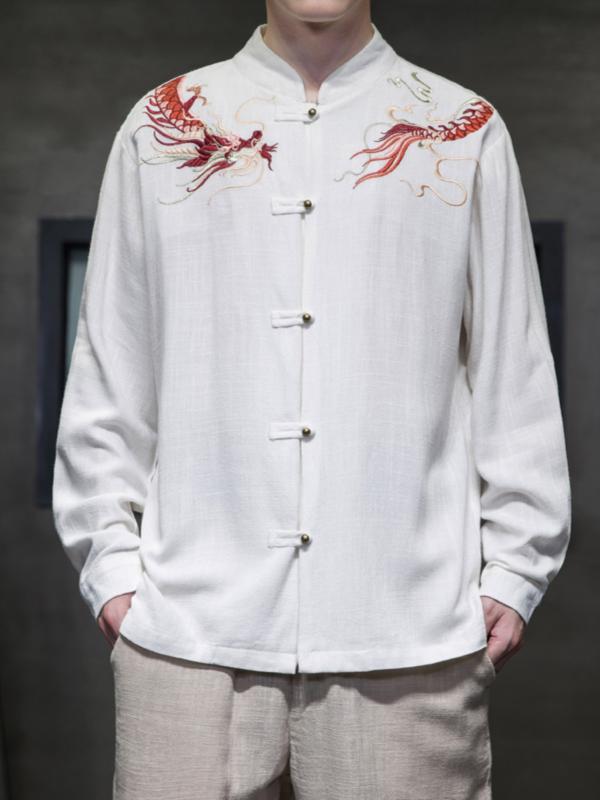 シャツ メンズ 秋 長袖 アウター 中華風 リネン ドラゴン パターン 刺繍 アンティーク レトロ 衣装 プレート バックル 新 中華風 唐 スーツ