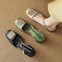 レディース 夏 ミュール サンダル おしゃれ 履きやすい 中華風 女性 靴 チャイナ グリーン スクエアトゥ バッグ アウターウェア ミディアム ヒール 厚手 スカートに合う