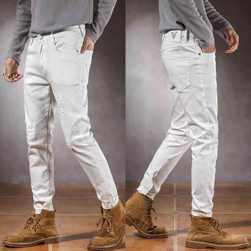 デニムパンツ メンズ おしゃれ着 Gパン カジュアル ホワイト 刺繍 ジーンズ ホール パッチ ストレッチ ..