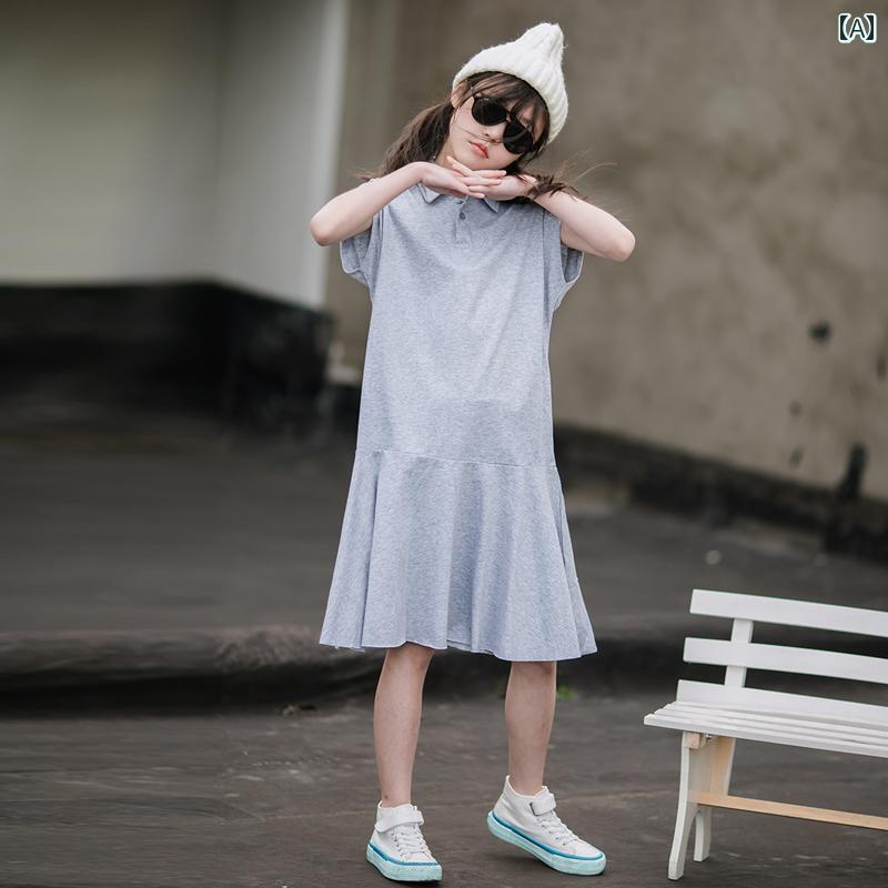 Other - 夏 ワンピース かわいい 女の子 ガールズ ドレス 中大 子供用 子供 サマー コットン ポロシャツ ロング スカート