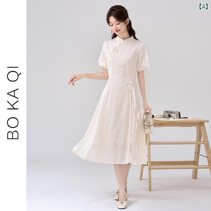 夏 ワンピース きれいめ ガーリー 大人かわいい 中華風 風 瞑想 半袖 ドレス 女性 チャイナ ミドル丈 スカート