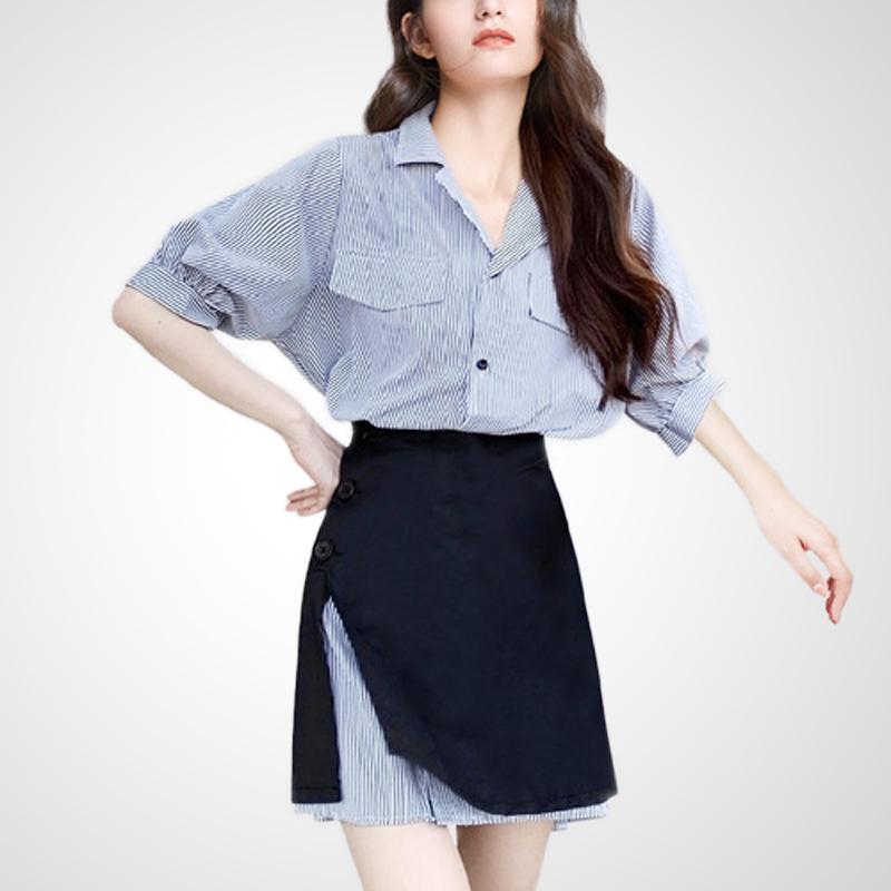 レディース 夏 シャツ トップス ストライプ カジュアル シンプル ワンピース スカート おしゃれ ユニーク 爽やか ストリート ファッション シック セットアップ オフィス デート