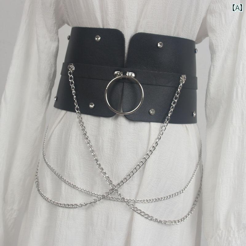 ベルト レディース 韓国 パンク ヒップ ホップ 個性 マルチ リング チェーン 装飾 PUレザー ベルト ゴシック ウエスト ストリート