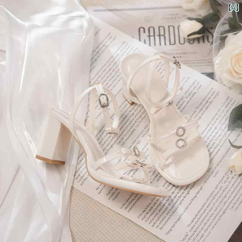 レディース 夏 ラインストーン ハイヒール サンダル スタイルアップ おしゃれ シープスキン 女性用 太い ヒール オープン トゥ 蝶 ネクタイ フェアリー スタイル ローマン