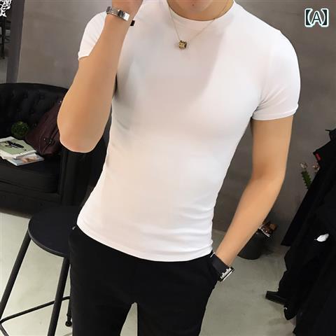 メンズ 夏 半袖 Tシャツ タイト 無地 服 ラウンドネック シャツ ハイネック スリムフィット レジャー 薄手 メンズ