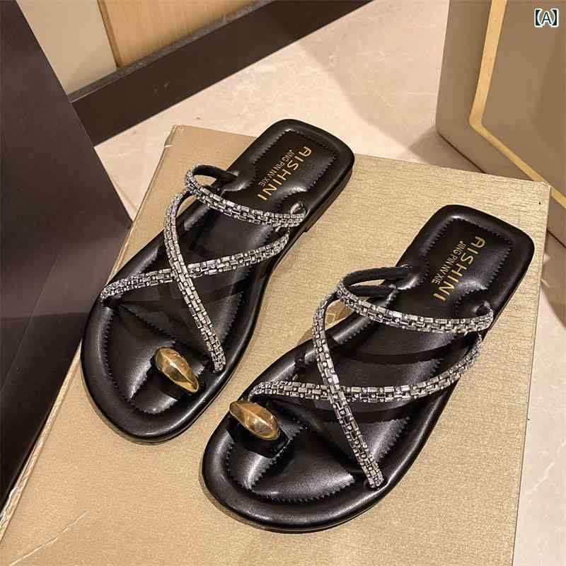 サンダル おしゃれ レディース レディース 婦人 夏 シューズ 夏 ビーチサンダル サムリング ローヒール ブラック アイボリー