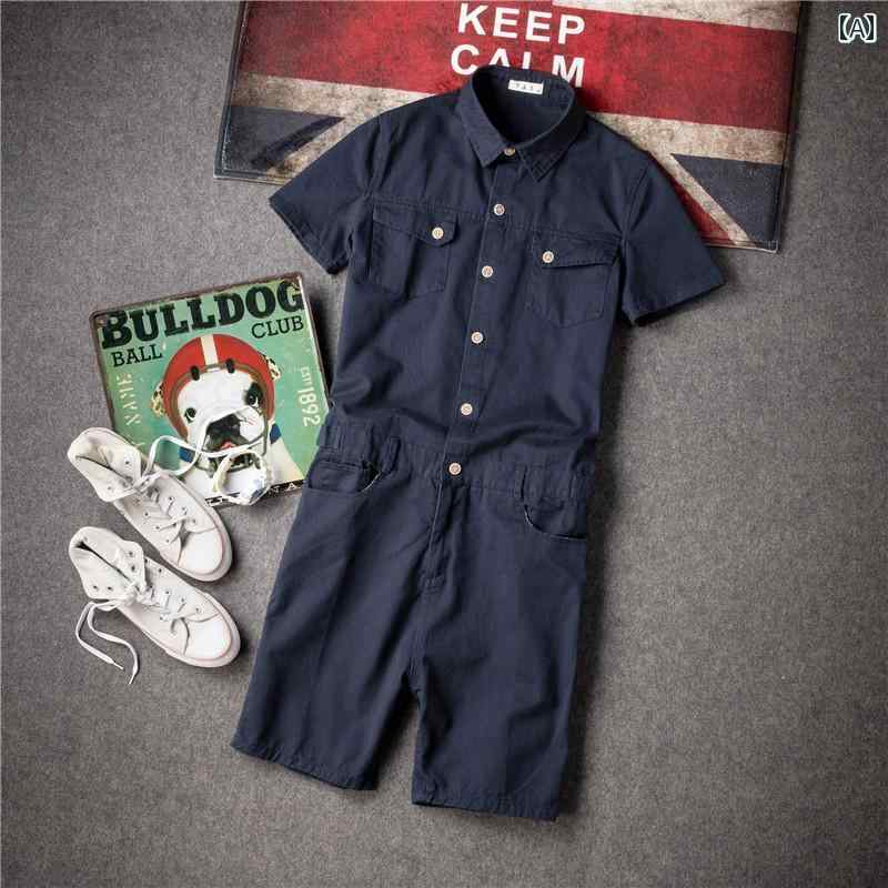 夏 韓国 スリム メンズ 作業着 カジュアル スポーツ カップル 学生 ブルー レトロ オシャレ