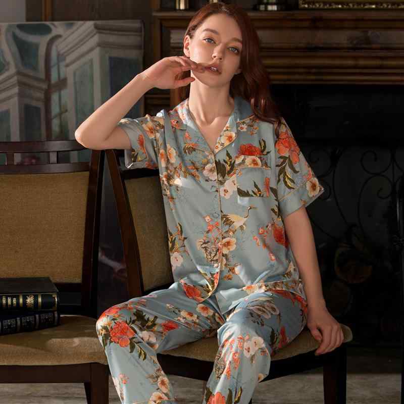 パジャマ プリント レディース 夏 ひんやり 涼しい 快適 半袖 ズボン 大きめサイズ ルームウェア 上品 薄手 ラグジュアリー スーツ