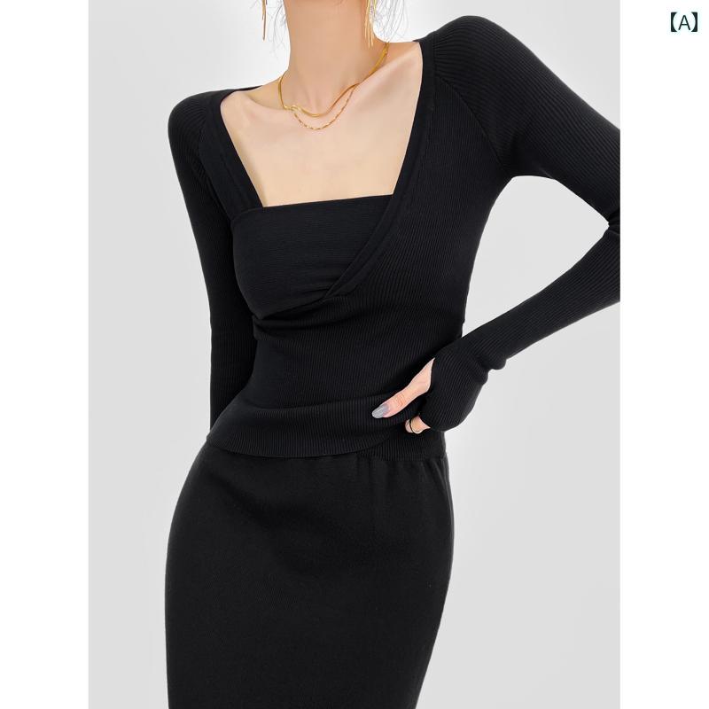 V-Neck - セーター ニット トップス 不規則 Vネック クロス レディース 春秋冬服 スリム タイト フィット 長袖 インナー レイヤード 大人 カジュアル ひクセ レディース