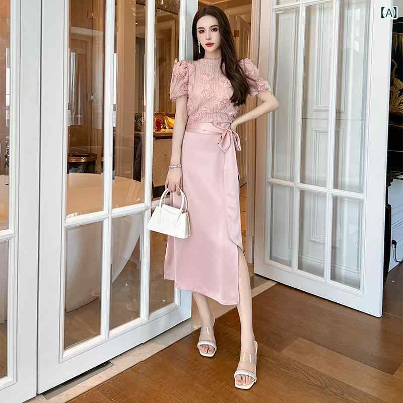 スカート レディース ファッション ステーション ピンク 半袖 スーツ 女性 夏 ハイエンド フレンチ ツーピース セット