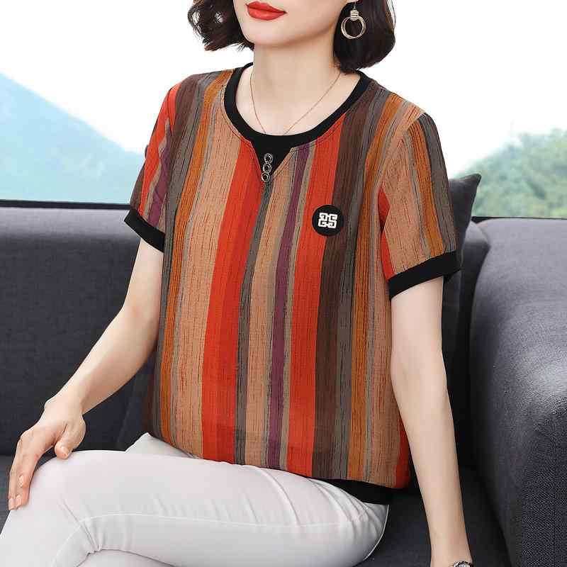 トップス レディース カジュアル 普段使い マザーズ ママ 夏服 半袖 シフォンシャツ 夏 大きいサイズ ストライプ シフォン Tシャツ