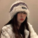 レディース 冬 ニット ウール 帽 帽子 用 プラッシュ ストライプ 布 ラベル ハット 韓国 帽 暖かい 耳保護