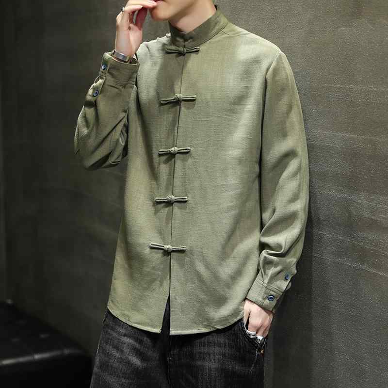 シャツ メンズ 秋 春 長袖 中華風 ボタン アップ リネン 中華風 唐装 綿 リネン レトロ リネン トップス 服