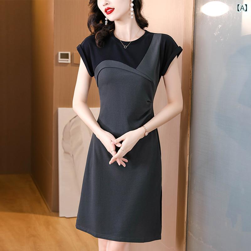 Women's summer dress, elegant and sophisticated, suitable for mothers, featuring contrasting colors, spliced ​​skirt, raglan sleeves, a slim waist, and a midi length.
