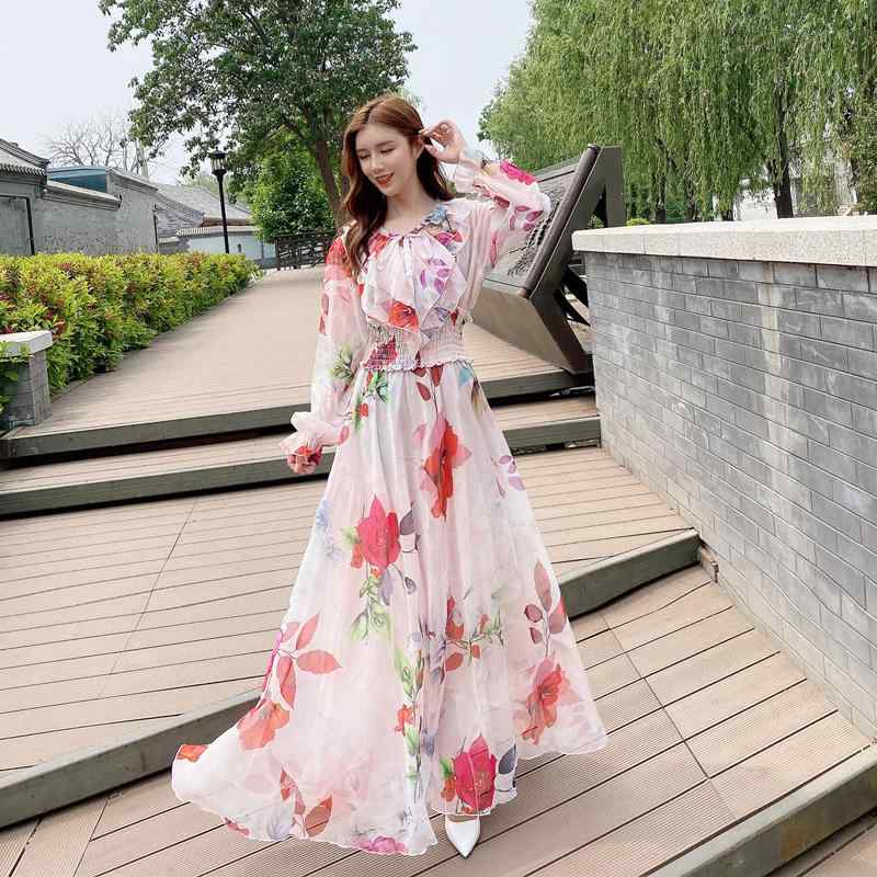 レディース エスニック ファッション おしゃれ 長袖 襟 足首丈 花柄 シフォンドレス 夏 ボヘミアン ロング ドレス ビーチ ドレス