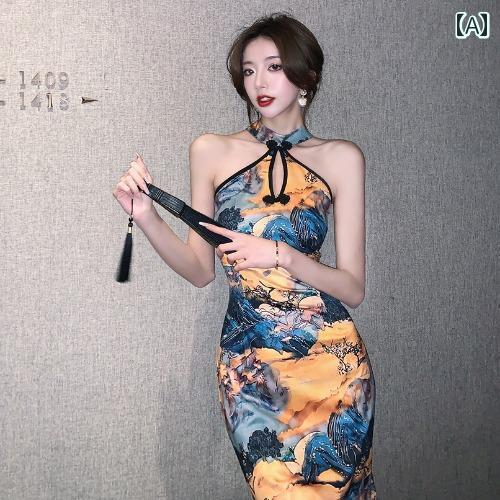 チャイナ ドレス タイト レトロ 若見え プリント 丈 スリム見え ホルター ネック 夏 ノースリーブ