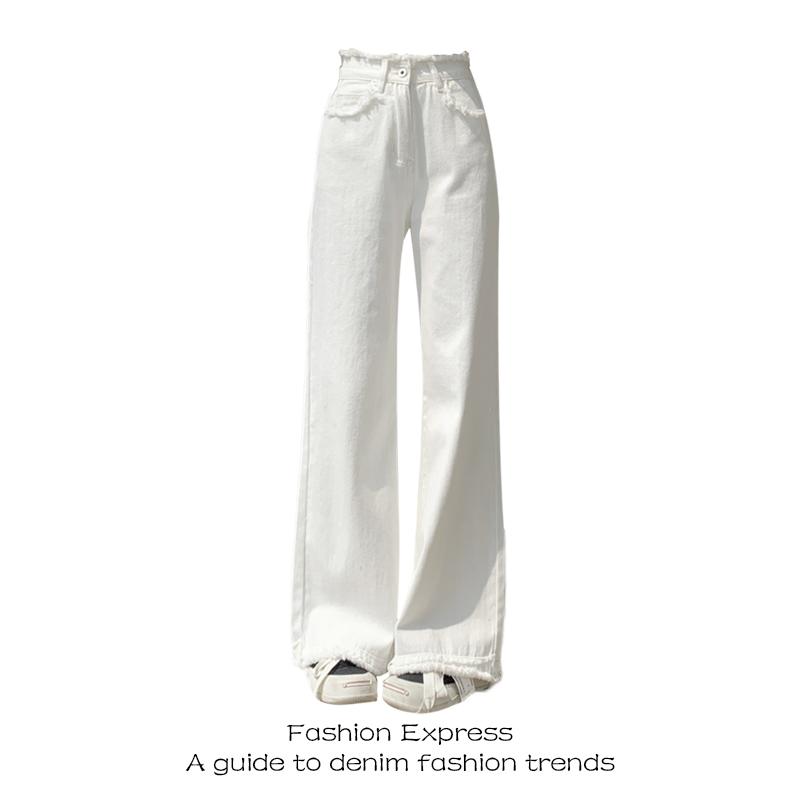 ジーンズ デニム レディース ワイドレッグパンツ ホワイト 夏 タッセル ローエッジ ストレート ワイド パンツ