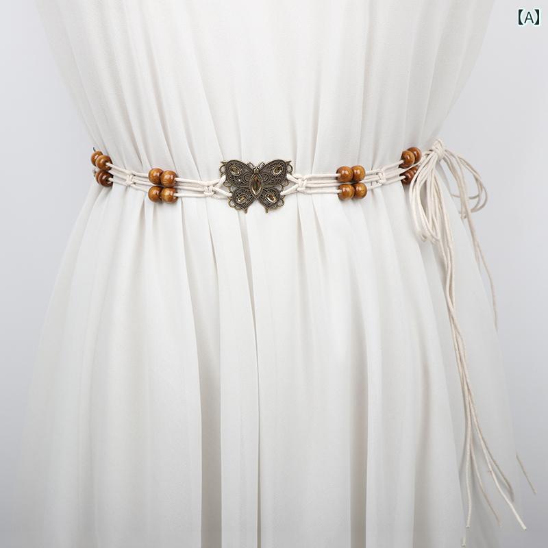 紐ベルト ドレス レディース ベルト ビーンズ エスニック アクセサリー ティーンエイジャー 伝統 合金 蝶 エレガント 豪華感 ワックスロープ ウエストマーク