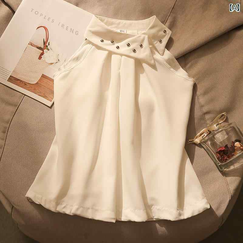 夏 女の子 白 豪華感 ホルターネック トップス ゆったり ノースリーブ シャツ 襟 飾りボール