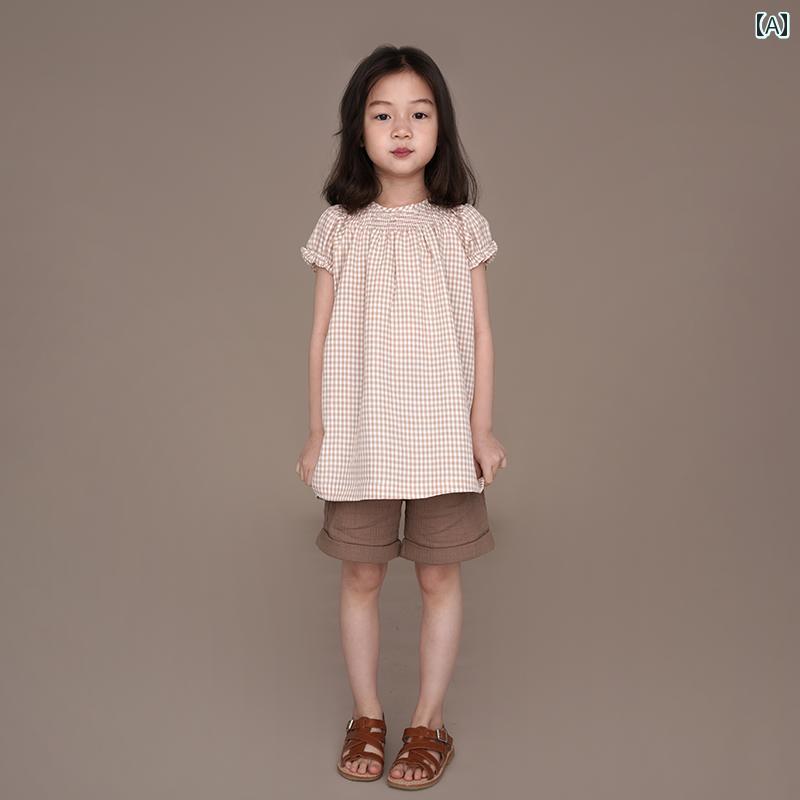 トップス 子供服 おしゃれ ナチュラル 普段着 キッズ 夏 子供 女の子 シンプル 半袖 チェック柄 ベビー プルオーバー フレンチ フリルシャツ