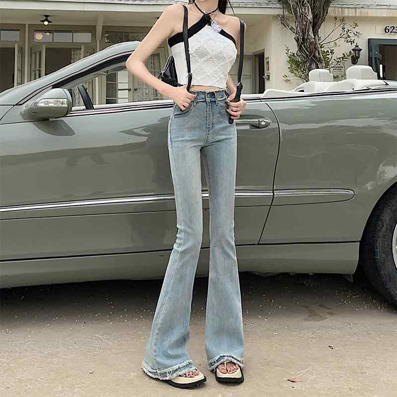 Boot Cut Jeans - パンツ デニムパンツ レディース スタイリッシュ 韓国 ロー エッジ ジーンズ 女性 夏 ガールズズ ハイウエスト スリム タイトブーツカット