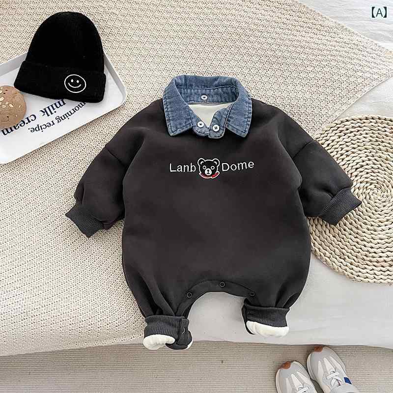 ロンパース かわいい 韓国 幼児 服 冬服 男性 女性 赤ちゃん デニム 襟 厚手 ロンパース ジャンプ スーツ 秋冬服