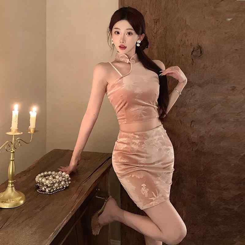 シャツ トップス スカート チャイナ風 セット スーツ セットアップ レトロ ピンク デート エレガント おしゃれ ファッション レディース カジュアル パーティー