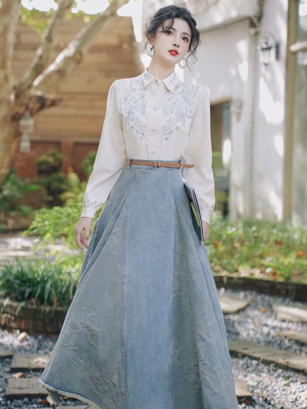 漢服 レディース ファッション 透明感 カジュアル コットン チェック ストリート ハーフ オープン カラー ハイウエスト シングル ブレスト 長袖 ロング スカート