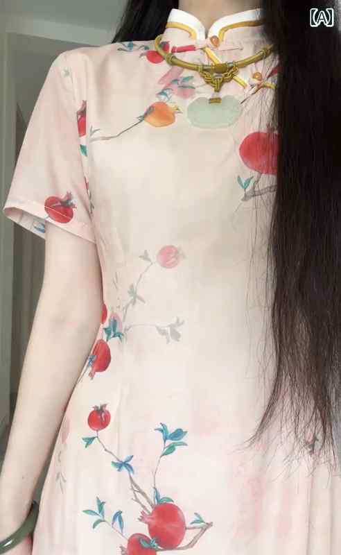 レディース 夏 チャイニーズ スタイル ワンピース おしゃれ 上品 婦人服 チャイナ ドレス 少女 スリム プリント シフォン 小さい フレッシュ 半袖 ミドル丈 スカート