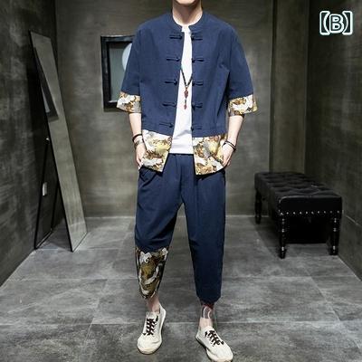 メンズ 夏 道教 ローブ 中華風 リネン スーツ 漢服 レトロ スプライシング 綿 半袖 シャツ 唐