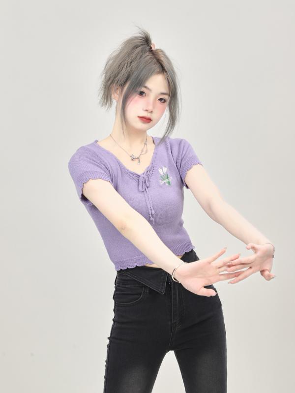 レディース 韓国 カジュアル Vネック スパイシー パープル ショートトップス スリム 魅惑 ガール ウエスト シャツ 半袖 Tシャツ
