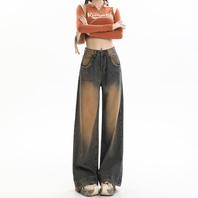 Other - パンツ デニムパンツ レディース スタイリッシュ 女性用 イエロー マッド ワイド レッグ ジーンズ ハイウエスト 秋 ウォッシュド スリム ストレート