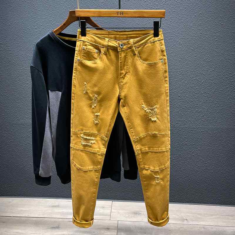 デニムパンツ カジュアル おしゃれ スタイリッシュ メンズ ー ジーンズ カーキ イエロー ホール パッチ..