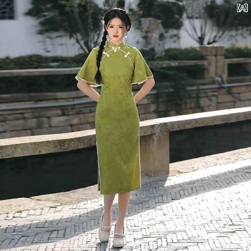 China Dress - レディース チャイナ ドレス エレガント ワンピース 撮影 衣装 グリーン 中華風 レトロ ダブル 逆袖 デイリー ウェアラブル