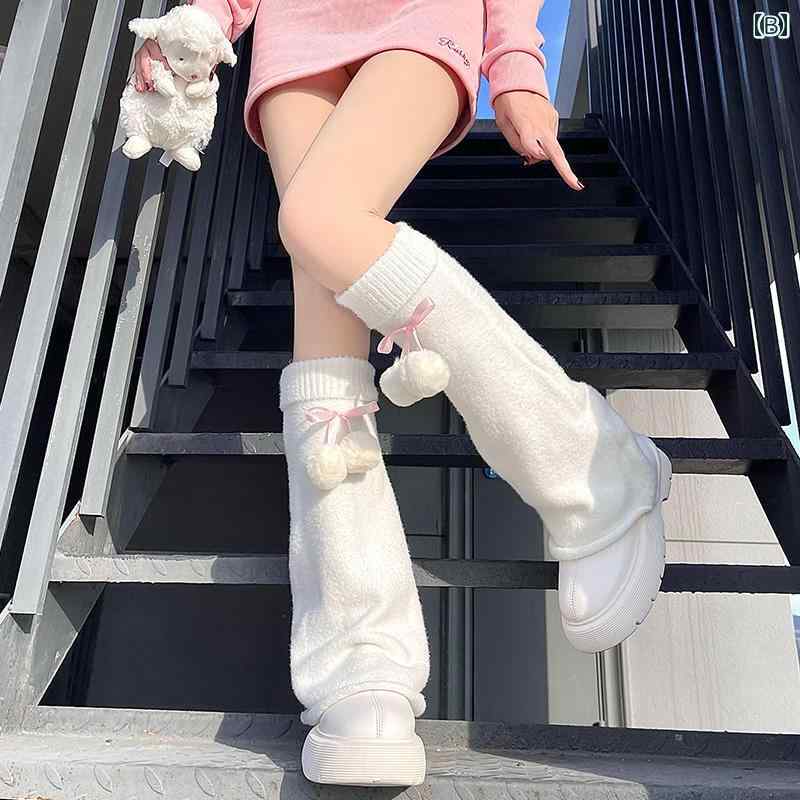 ファーボール ふくらぎ ソックス レディース 秋冬 かわいい ミドル カーフ ニット ...