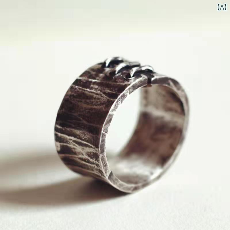 指輪 お揃い メンズ レディース カップル リング 個性 レトロ アンティーク シルバーS925 ラフ クローズド ユニーク ワンポイント ファッション