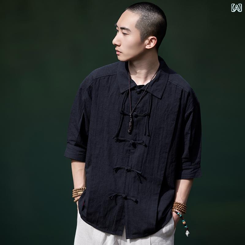 メンズ 夏 カジュアル ファッション 中華風 ボタン アップ シャツ 漢服 半袖 綿麻 トップス 中山 唐 ジャケット