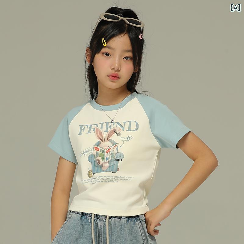 トップス 子供服 カジュアル ナチュラル 普段使い キッズ 女の子 夏 薄手 アメリカン レトロ プリント 半袖 子供用 ラグランスリーブ スリム