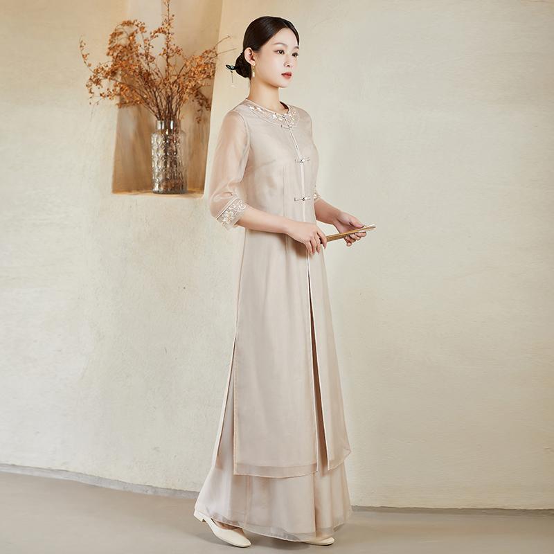 Chinese-style suit, Tang Dynasty retro meditation dress, Hanbok summer women's clothing, casual wear, Han bottoms set.