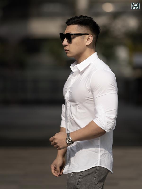 シャツ メンズ 筋肉質 韓国 スリムフィット ビジネス フォーマル シャツノー アイロン スポーツフィットネス ストレッチ 長袖