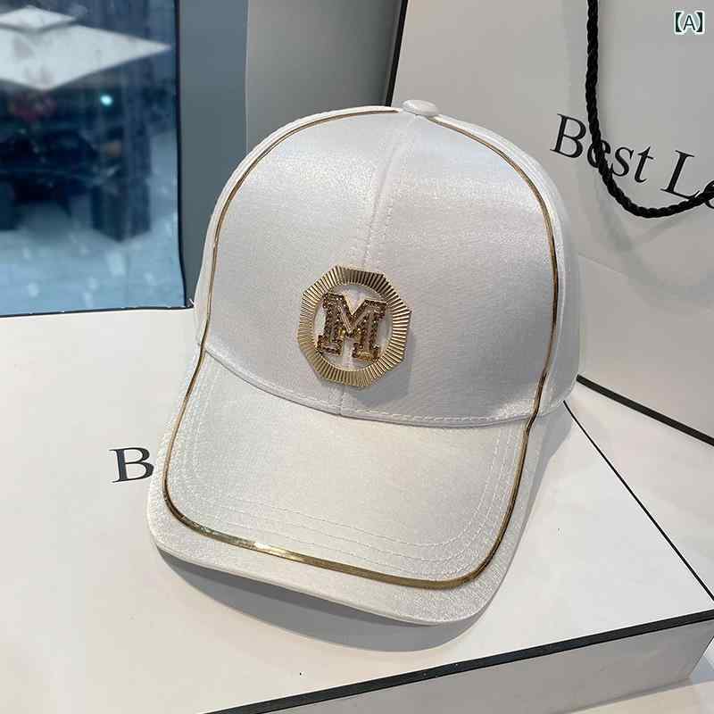 レディース ラインストーン 夏 ベースボール キャップ おしゃれ サマーフェス アウトドア スポーツ 女性用 帽子 韓国 ホワイト 春 ゴールド M ロゴ ピーク ハット 日焼け防止 日よけ