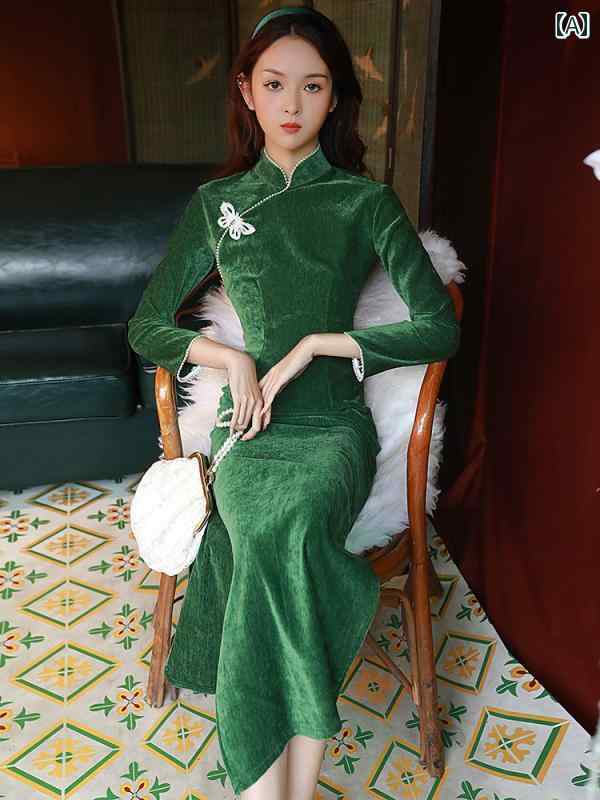China Dress - レディース チャイナ ドレス おしゃれ ワンピース コスプレ 撮影 衣装 緑 女性 レトロ 民族風 古風 ハイエンド 長袖 ロング