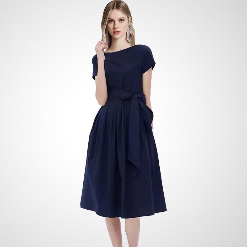 婦人服 ワンピース パーティー 腰紐リボン装飾 同窓会 シンプル 無地 ママコーデ ハイウエスト 紺 ネイビー フェミニン 夏 丈 ロングスカート フレア Aラインスカート