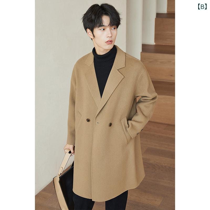 メンズ ファッション オール ウール 両面 丈 コート ジャケット 秋冬 厚手 ビジネス カジュアル ゆったり