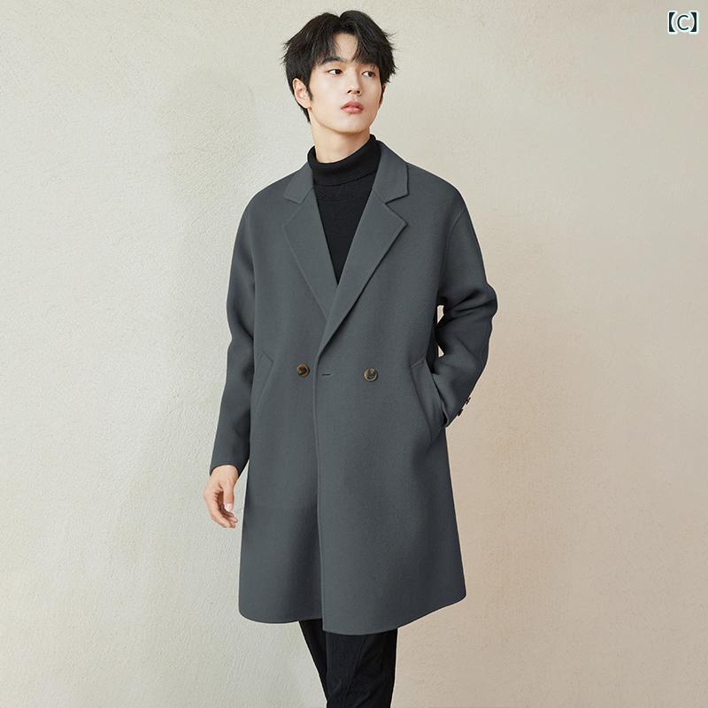 メンズ ファッション オール ウール 両面 丈 コート ジャケット 秋冬 厚手 ビジネス カジュアル ゆったり