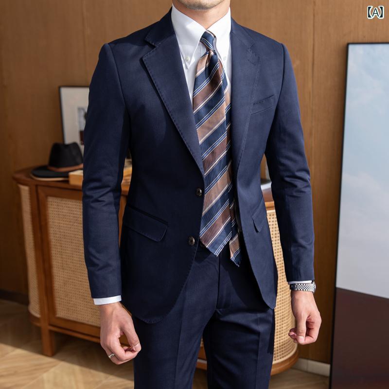 スーツ ジャケット パンツ メンズ おしゃれ スタイリッシュ ビジネス フォーマル ブルー スリムフィット 職場 無地 ウール レトロ メンズ 大きめサイズ