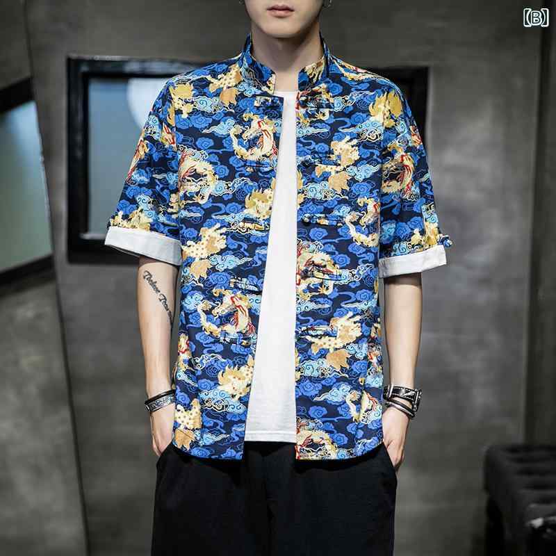 メンズ 夏 トップス シャツ 薄手 半袖 中華風 綿 リネン 五分袖 レトロ 唐 スーツ 大きめサイズ